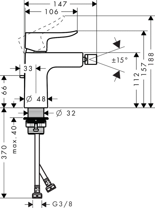 Hansgrohe Metris Single Lever Bidet Mixer with Pop-up Waste Set 31280000 dimensions