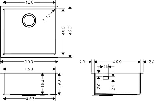 Hansgrohe S71 S719-U450 Undermount Stainless Steel Kitchen Sink 450 43426807 dimensions
