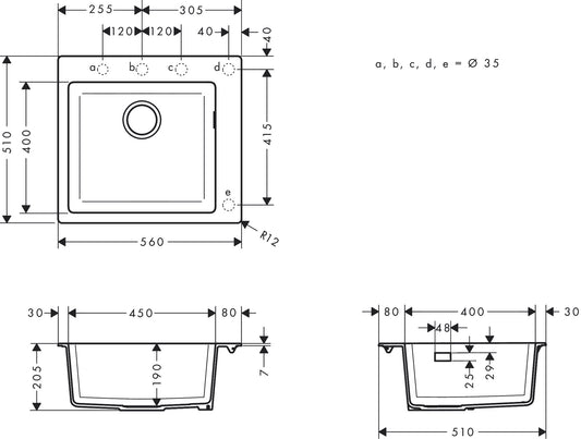 Hansgrohe S51 S510-F450 Built-in Granite Kitchen Sink 450 43312170 dimensions