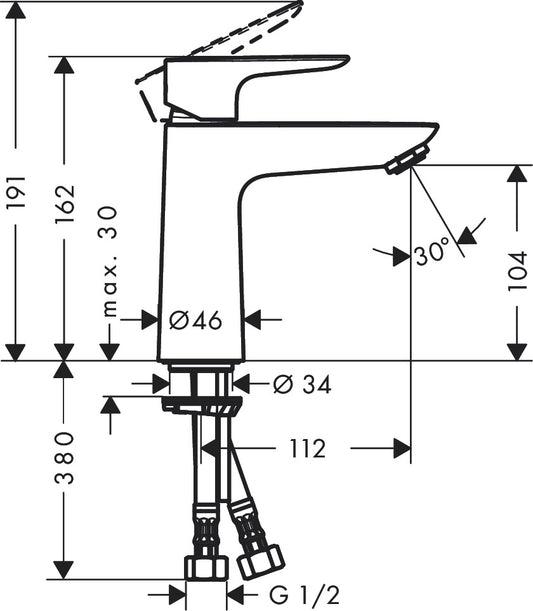 Hansgrohe Talis E Single Lever Basin Mixer 110 with Push-Open Waste Set 71770009 dimensions