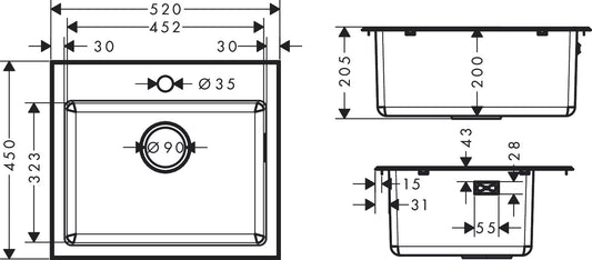 Hansgrohe S43 S431-F400 Built-in Stainless Steel Kitchen Sink 450 with 1 Hole 43353807 dimensions