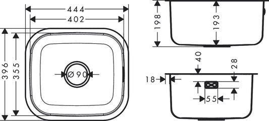 Hansgrohe S43 S439-U400 Undermount Stainless Steel Kitchen Sink 400 43453807 dimensions