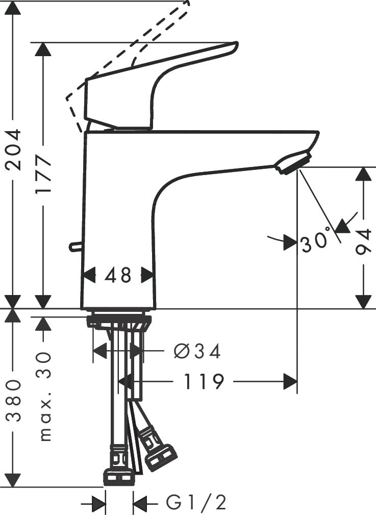 Hansgrohe Focus Single Lever Basin Mixer 100 without Waste Set 31541009 dimensions