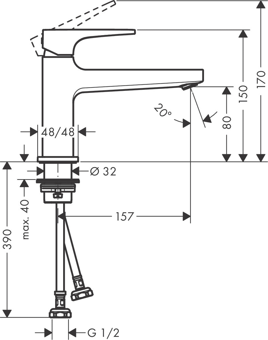 Hansgrohe Metropol Single Lever Basin Mixer 100 with Lever Handle and Push-Open Waste Set 32590009 dimensions