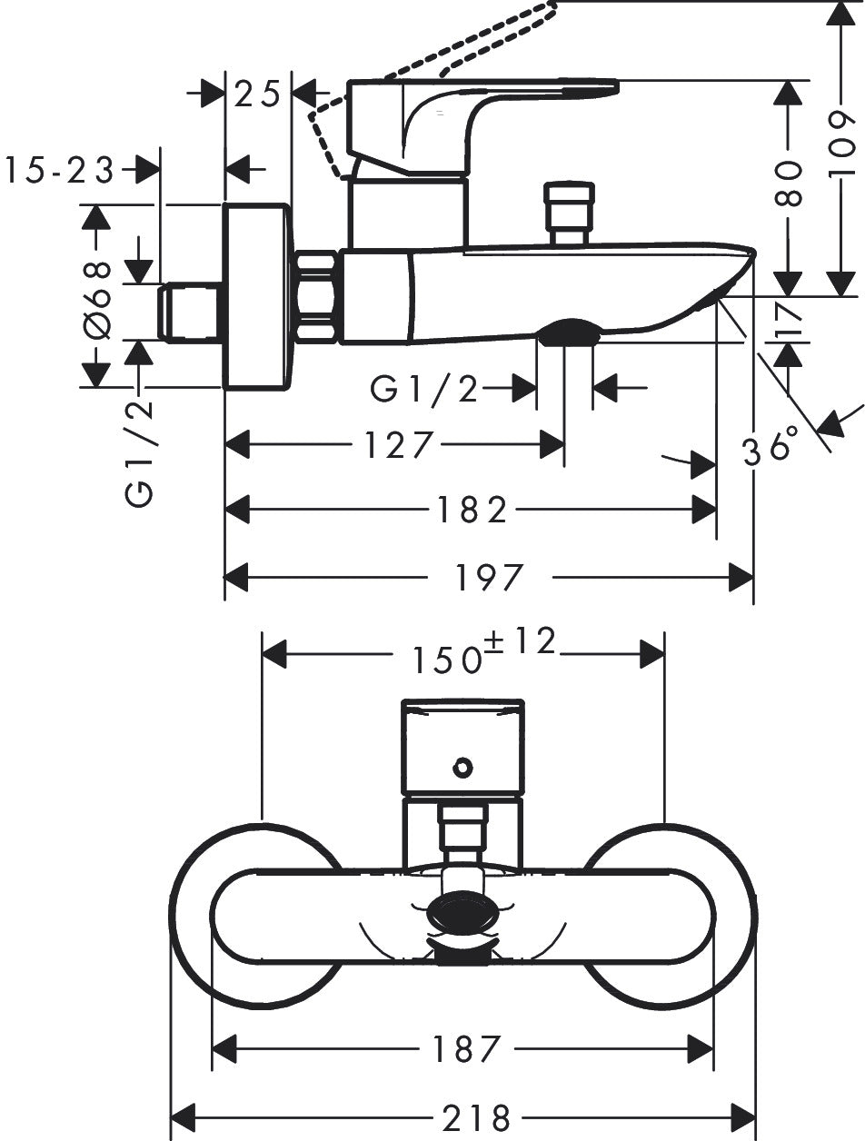 Hansgrohe Rebris E Single Lever Bath Mixer for Exposed Installation 72450009 dimensions