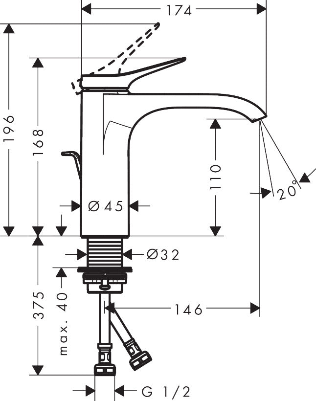 Hansgrohe Vivenis Single Lever Basin Mixer 110 with Pop-up Waste Set dimensions