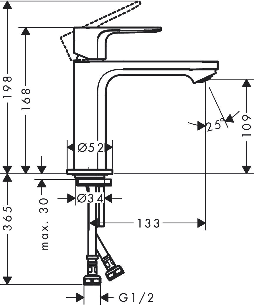 Hansgrohe Rebris E Single Lever Basin Mixer 110 with Push-Open Waste Set 72561009 dimensions