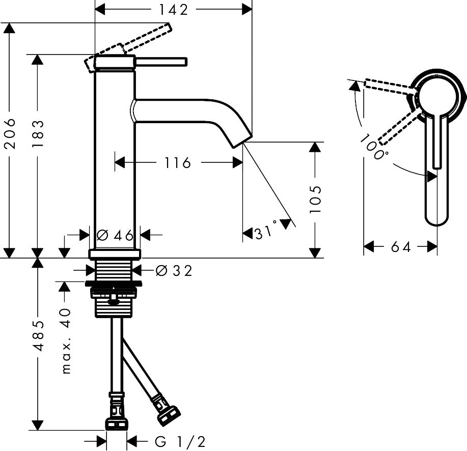 Hansgrohe Tecturis S Single Lever Basin Mixer 110 CoolStart with Push-Open Waste Set dimensions