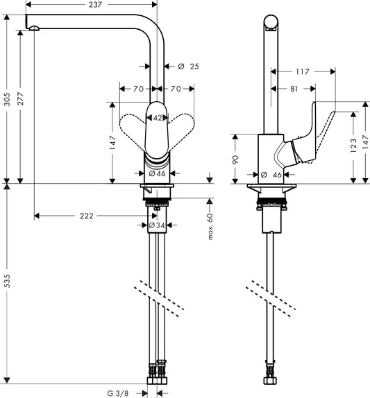 Hansgrohe Focus M41 Single Lever Kitchen Mixer 280 1jet dimensions
