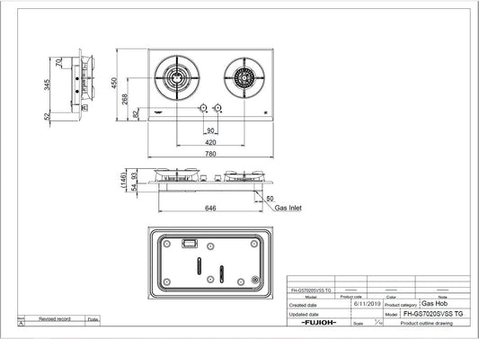 Fujioh FH-GS7020 2-burner gas hob dimensions