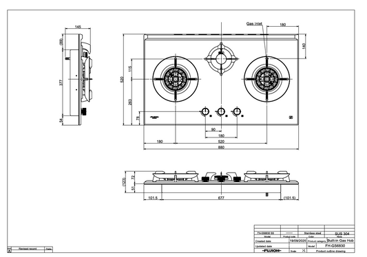 Fujioh FH-GS6830 3-burner gas hob dimensions