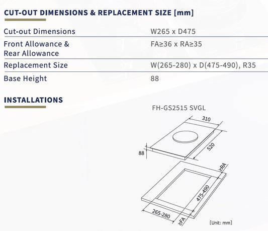 Fujioh FH-GS2515 1-burner domino gas hob dimensions