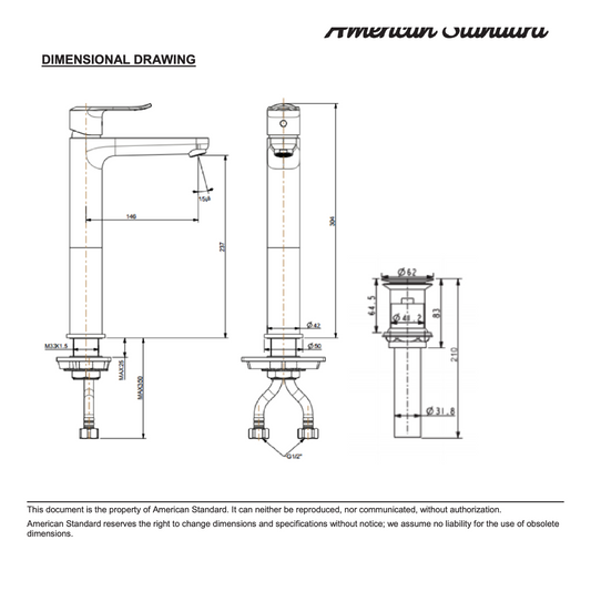 American Standard Neo Modern Extended Basin Mixer with Pop-up Drain FFAS0703-101500BF0 dimensions