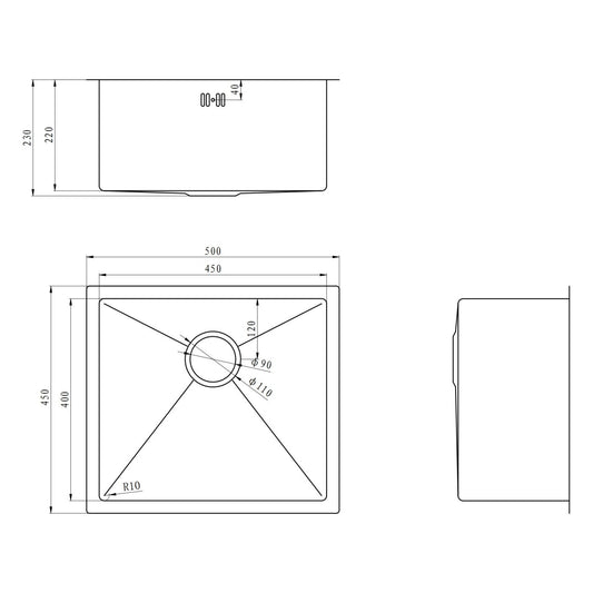 E+NT Embossed Nano Undermount Single Bowl Sink 5045 dimensions
