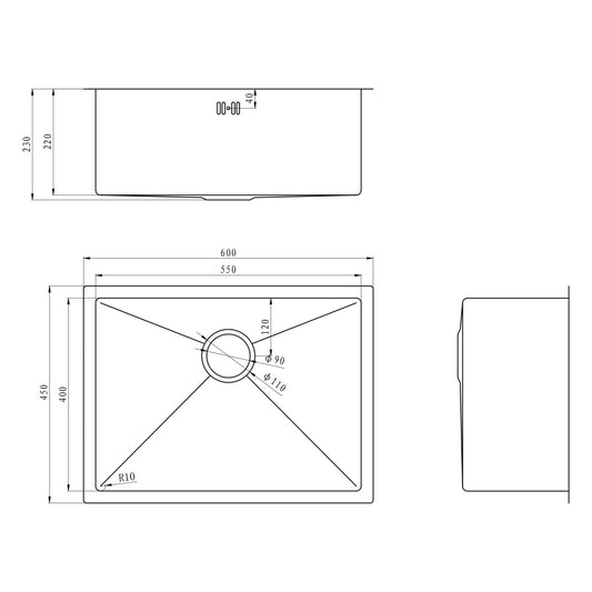 E+NT Embossed Nano Undermount Single Bowl Sink 6045 dimensions