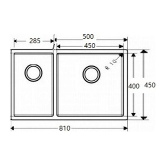E+NT Undermount Double Bowl Sink 8145 dimensions