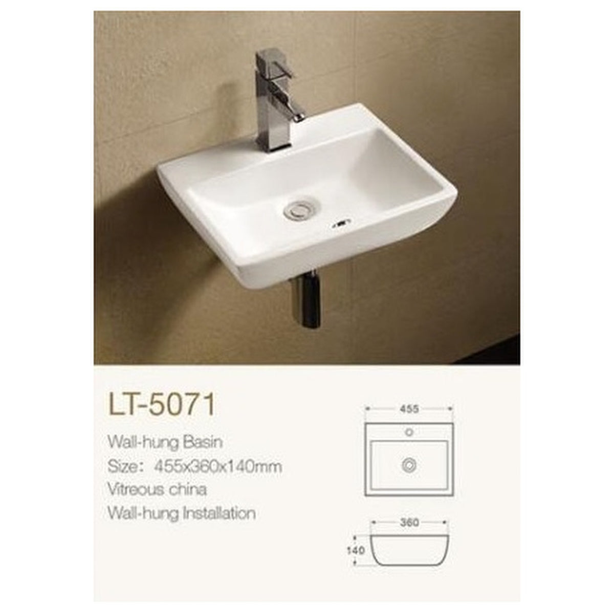 E+NT Wall Hung Basin LT-5071 dimensions