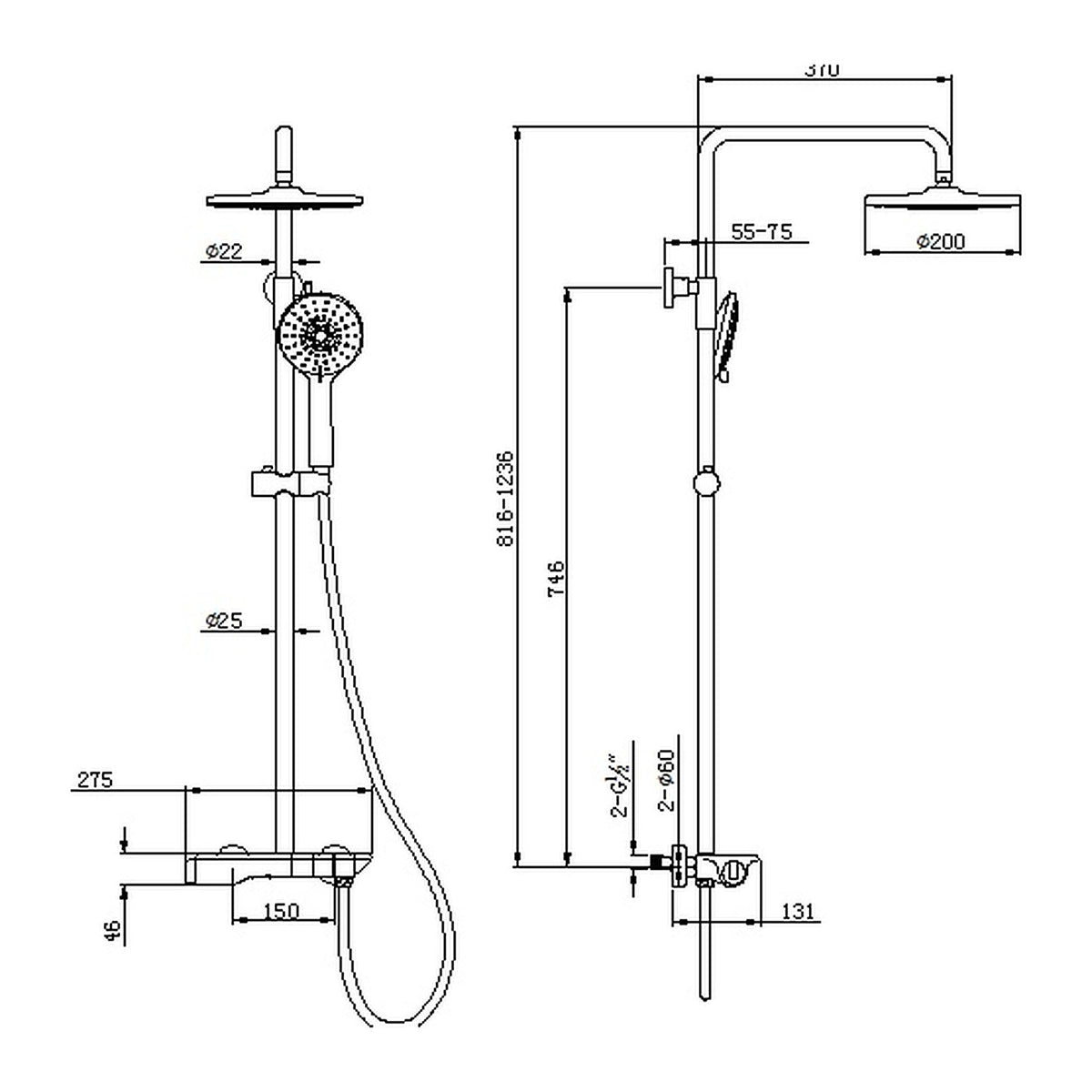 ent Cool Thermostatic 3-Way Rainshower Set 43560, Gun Metal dimensions
