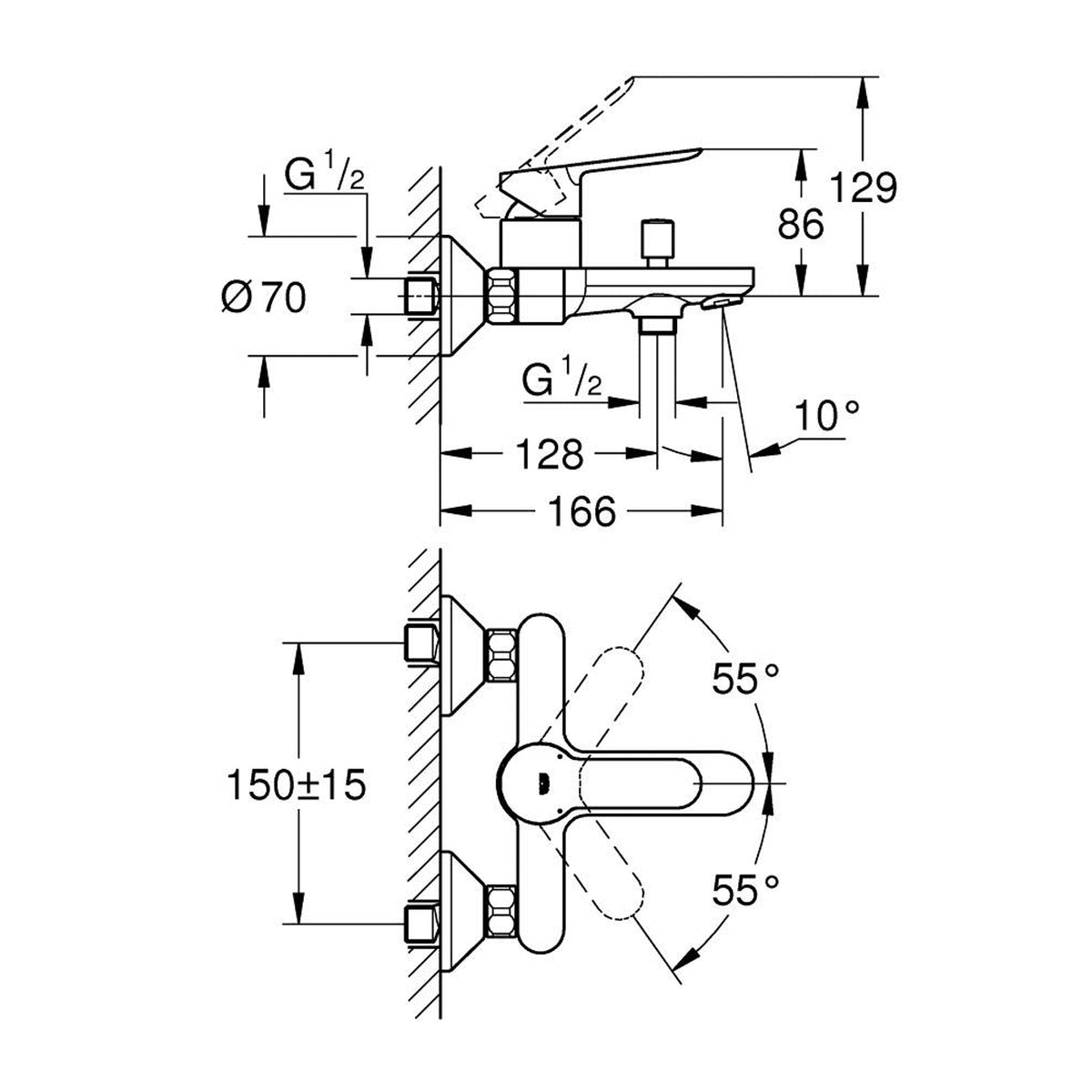 GROHE BauEdge Single Lever Bath and Shower Mixer 23605000 dimensions