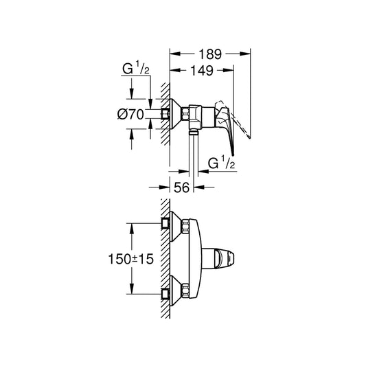 GROHE BauFlow Single Lever Shower Mixer 23632000 dimensions