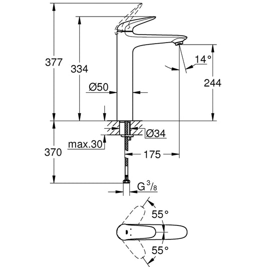 GROHE Eurostyle Single Lever Basin Mixer XL-Size 23719003 dimensions