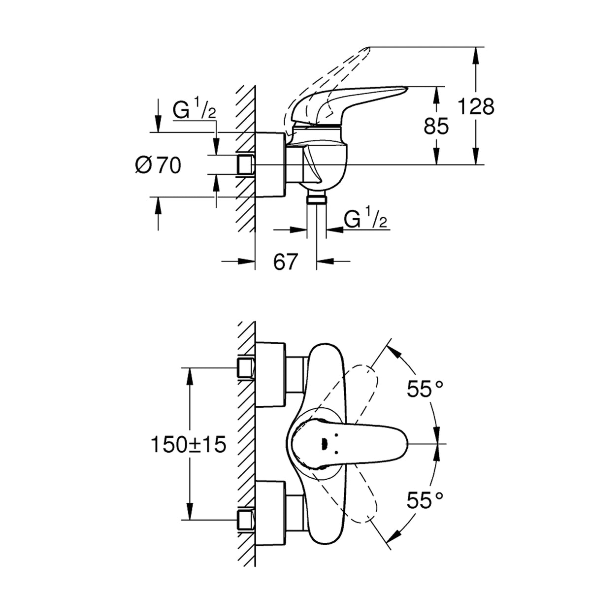 GROHE Eurostyle Single Lever Shower Mixer 23722003 dimensions
