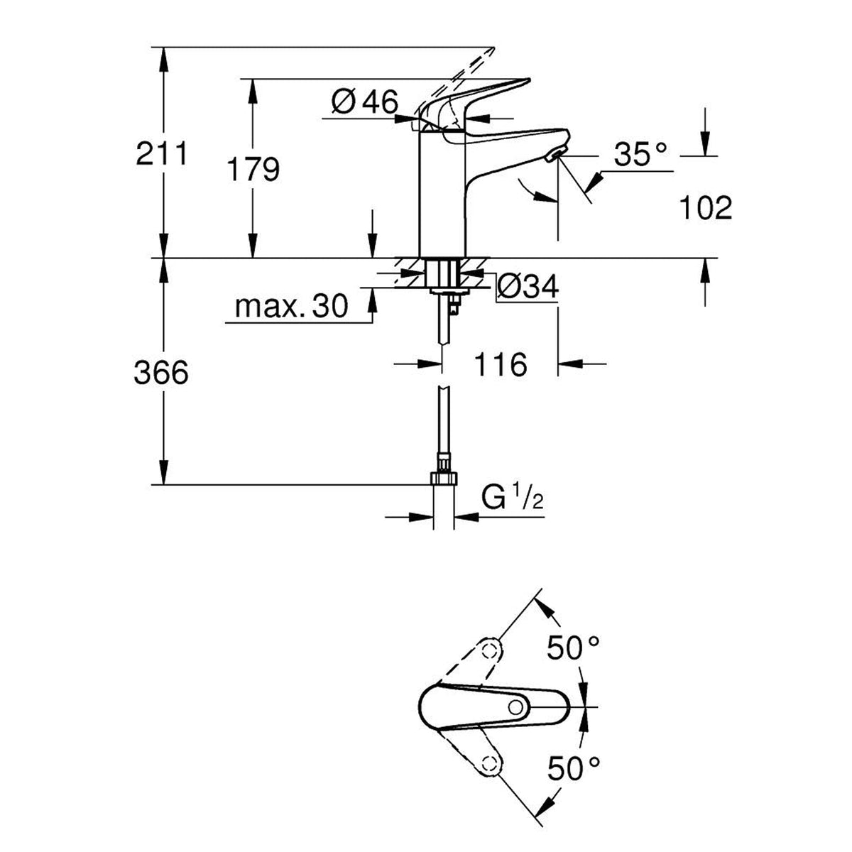 GROHE Euroeco Single Lever Basin Mixer M-Size 24287001 dimensions