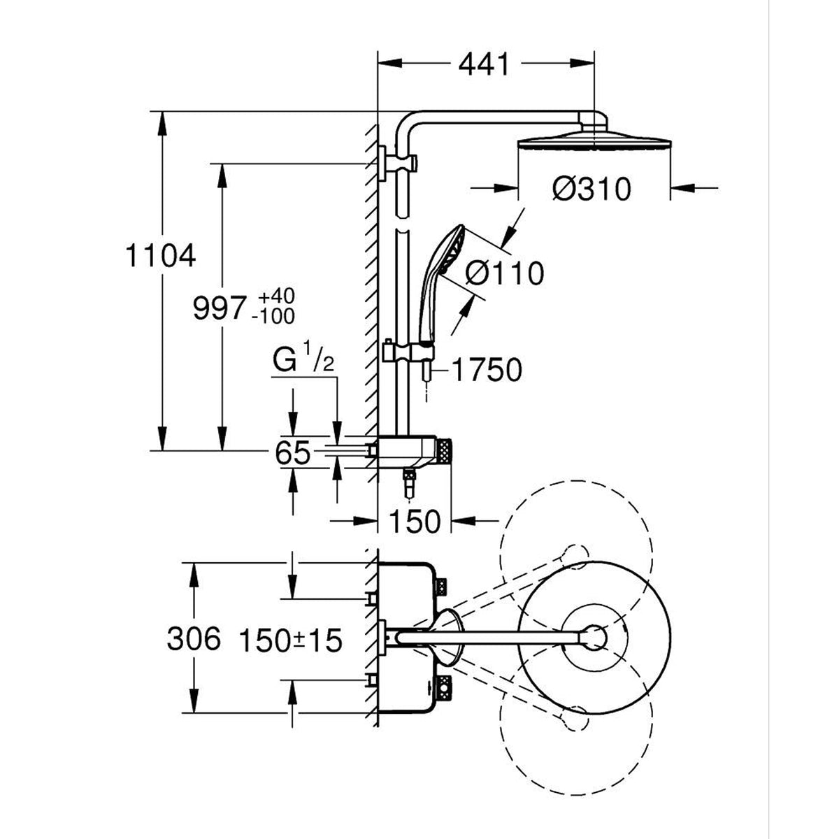 GROHE Euphoria SmartControl System 310 Shower System with Thermostat 26507000 dimensions