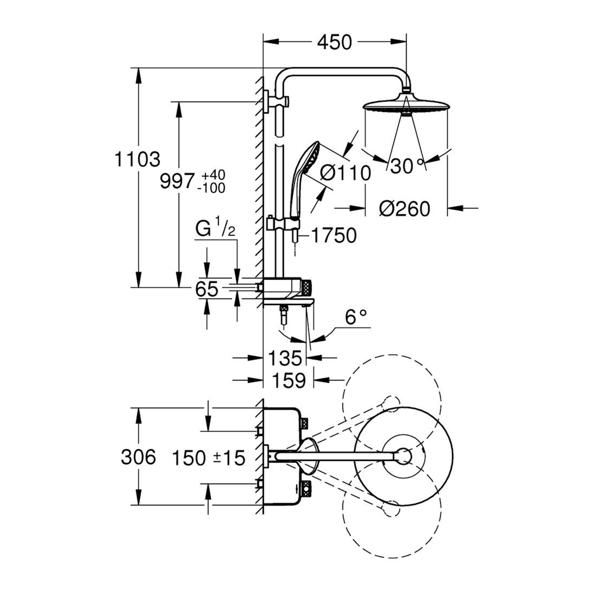 GROHE Euphoria SmartControl System 260 Shower System with Bath Thermostat 26608000 dimensions