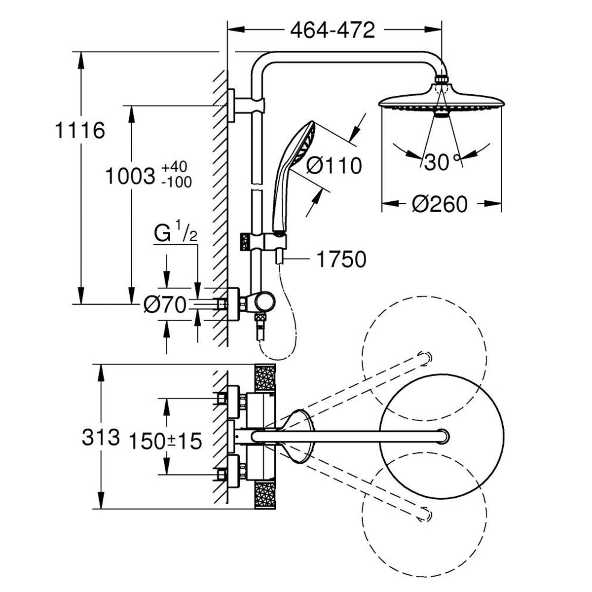 GROHE Euphoria System 260 Shower System with Thermostatic Mixer 27296003 dimensions