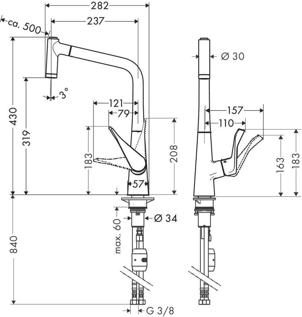 hansgrohe 14780000 kitchen sink mixer with pull spray dimension