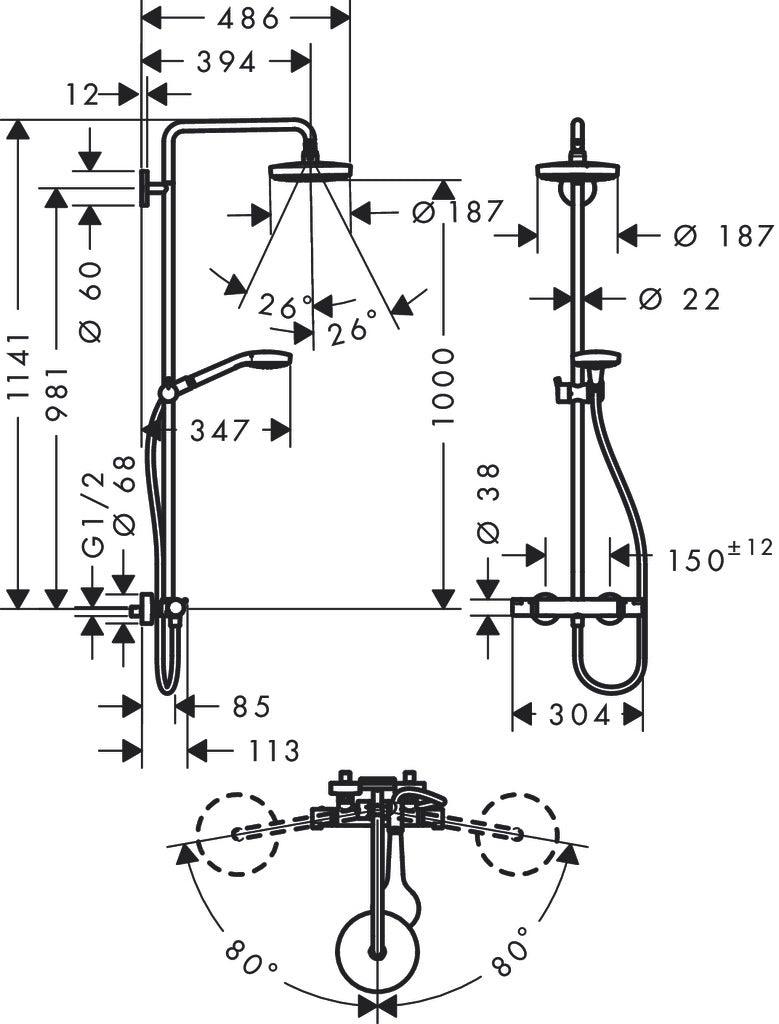 hansgrohe 27253400 rainshower set dimension