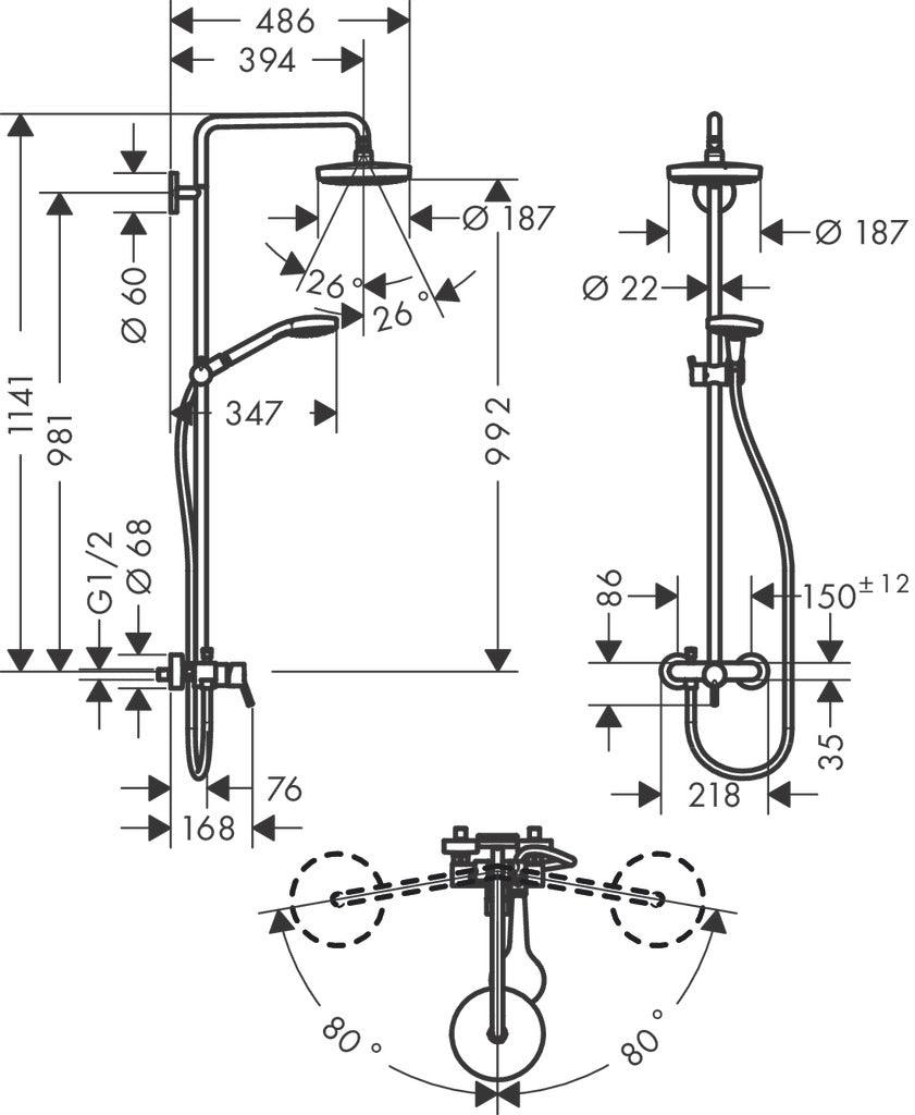 hansgrohe 27255400 rainshower set showerpipe dimension