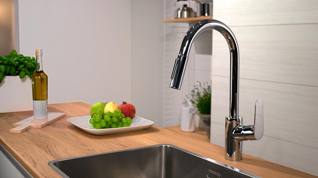 hansgrohe sink mixer with pull out spray in kitchen