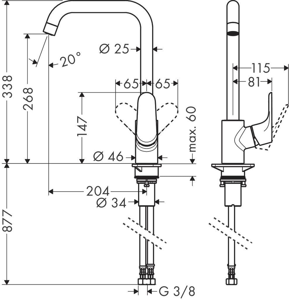 hansgrohe 31820670 kitchen sink mixer dimension