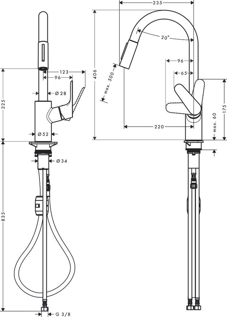 hansgrohe 31833000 kitchen sink mixer with pull out spray dimension