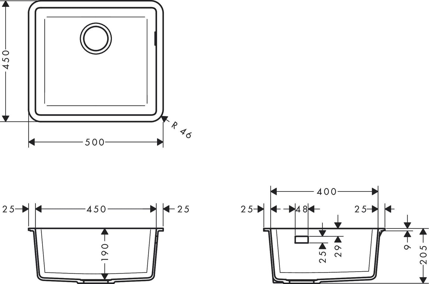hansgrohe single bowl granite sink dimension