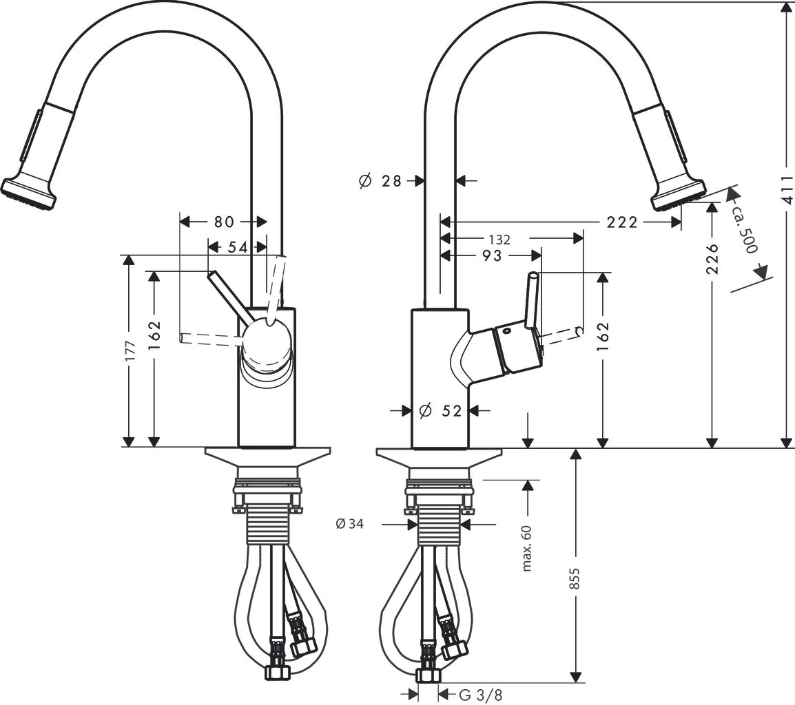 hansgrohe 72831000 kitchen sink mixer with pull out spray dimension
