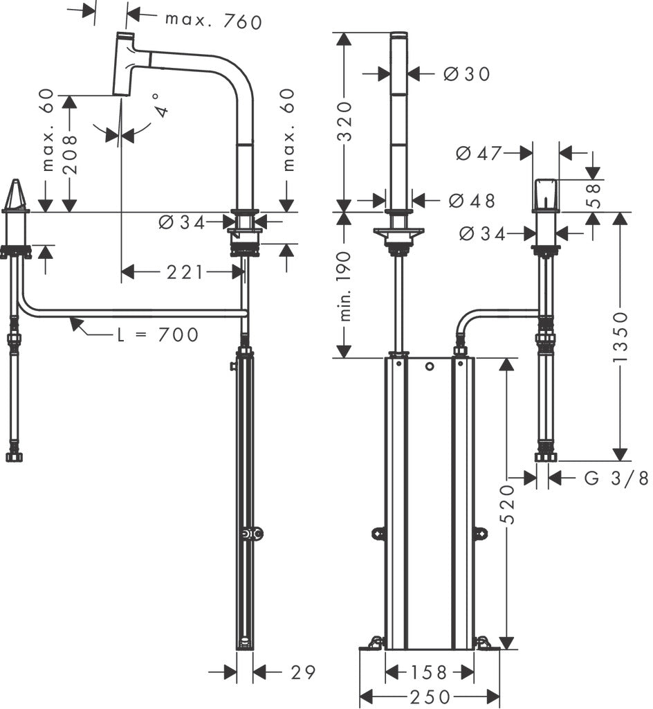 hansgrohe 73825000 kitchen sink mixer with pull out spray dimension