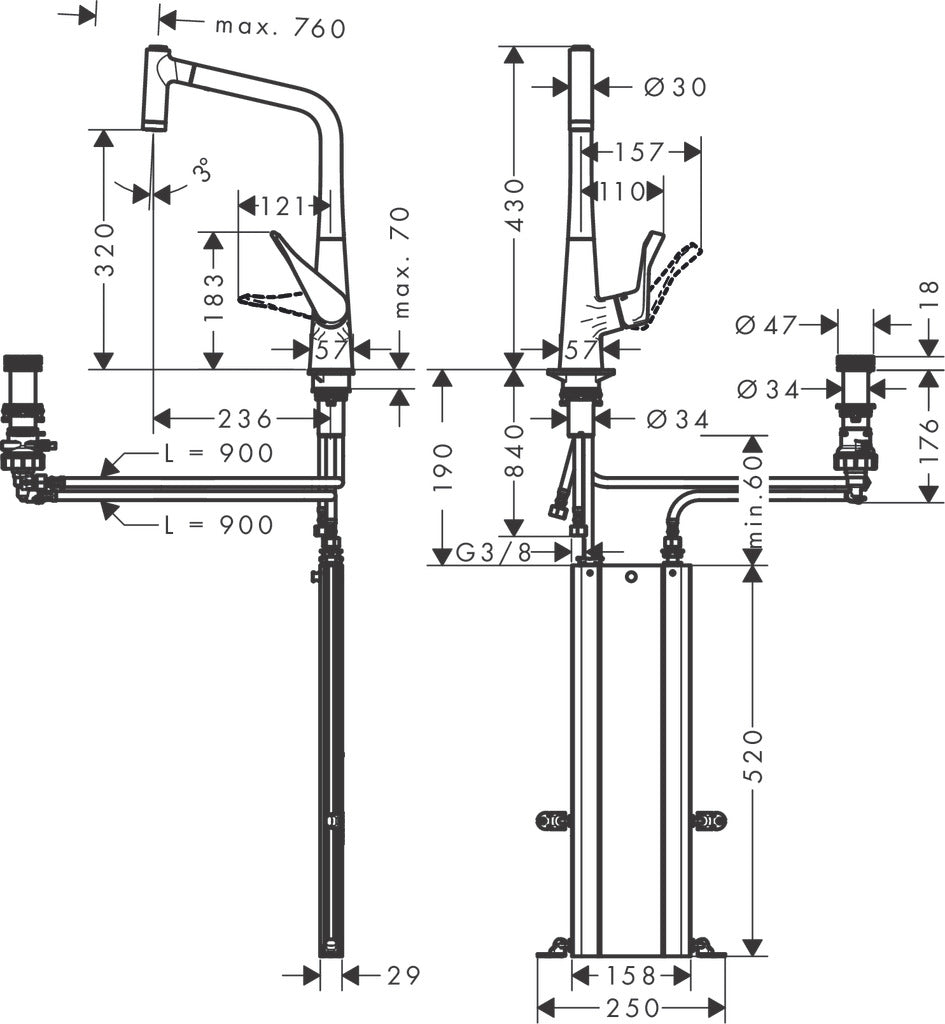 hansgrohe 73827000 kitchen sink mixer dimension