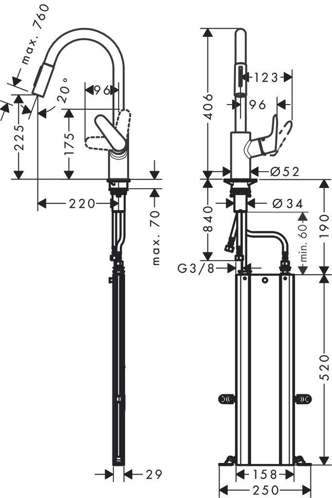 hansgrohe 73895000 pull out spray kitchen sink mixer dimension