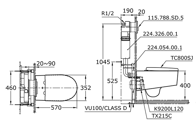 toto wall hung toilet bowl dimension