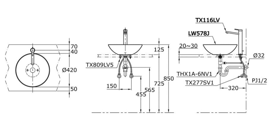 toto counter top basin dimension