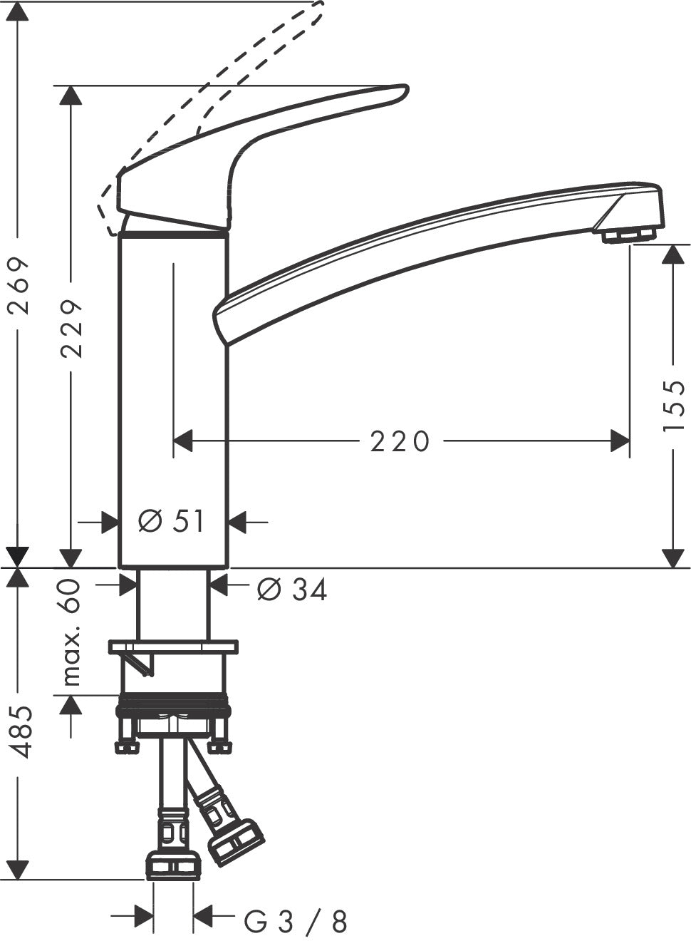 Hansgrohe Focus M41 Single Lever Kitchen Mixer 160 EcoSmart 1jet 31826000 dimensions