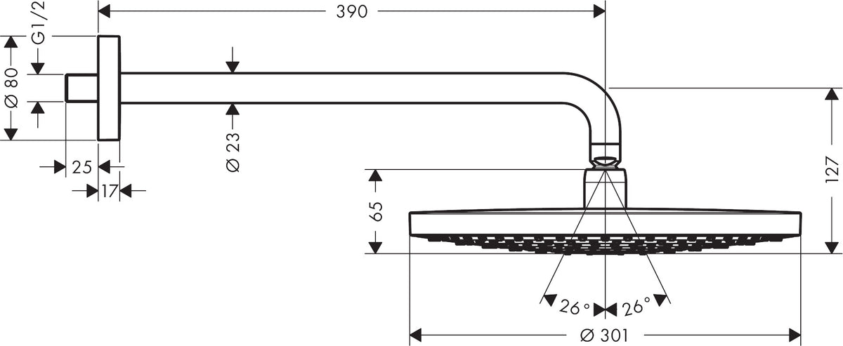 Hansgrohe Raindance Select S Overhead Shower 300 2jet with Shower Arm 27378000 dimensions