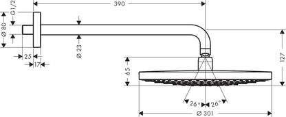 Hansgrohe Raindance Select S Overhead Shower 300 2jet with Shower Arm 27378000 dimensions