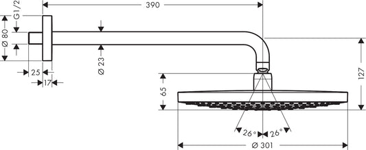 Hansgrohe Raindance Select S Overhead Shower 300 2jet with Shower Arm 27378000 dimensions