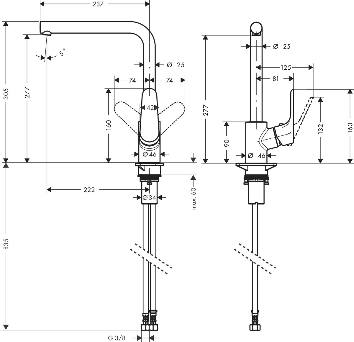 Hansgrohe Focus M41 Single Lever Kitchen Mixer 280 EcoSmart 1jet 31827000 dimensions