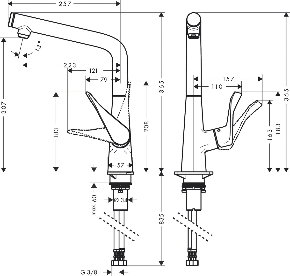 Hansgrohe Metris Select M71 Single Lever Kitchen Mixer 320 EcoSmart 1jet 14785000 dimensions