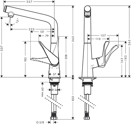 Hansgrohe Metris Select M71 Single Lever Kitchen Mixer 320 EcoSmart 1jet 14785000 dimensions